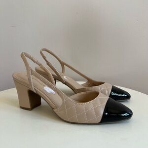 Marc Fisher Beige and Black Quilted Slingback Heels